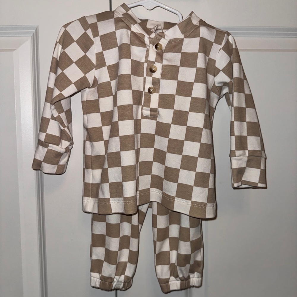 Kids Checkered Set Brown & White Checker Print Jogger and Button Down Shirt